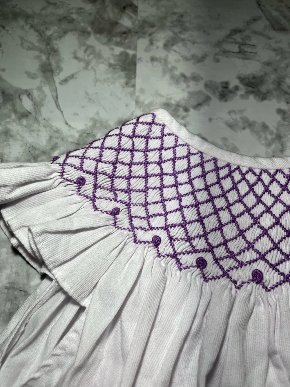 Classic White Smocked Kids Dress with Purple Accents